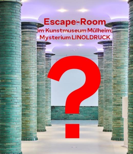 Das Werbebild zeigt das Foyer des Kunstmuseum Mülheim mit einem roten Fragezeichen. 
